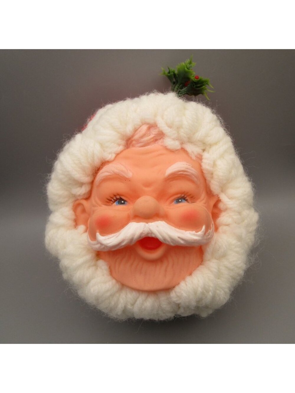 Vintage Santa Claus Head Red White Yarn Knit Crochet Vinyl Face 1970's